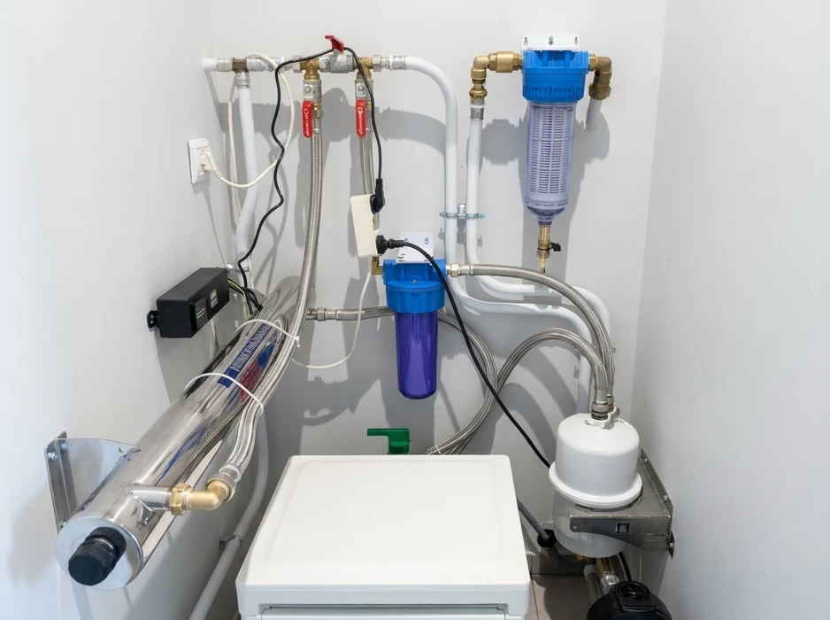 Intérieur atelier plomberie avec raccords et équipements professionnels disposés sur surface blanche