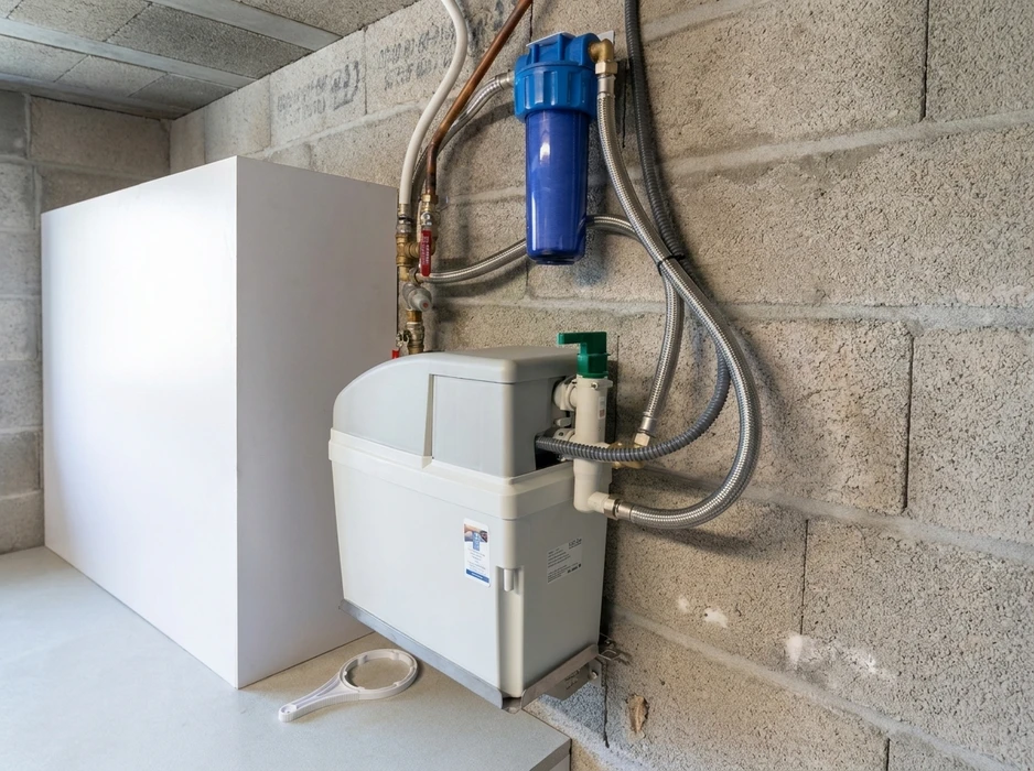 Scène sur fond blanc neutre présentant un équipement de plomberie ou de gaz