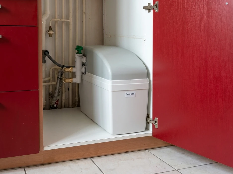 Technicien en combinaison bleue installant un système de filtration d'eau sous évier de cuisine moderne