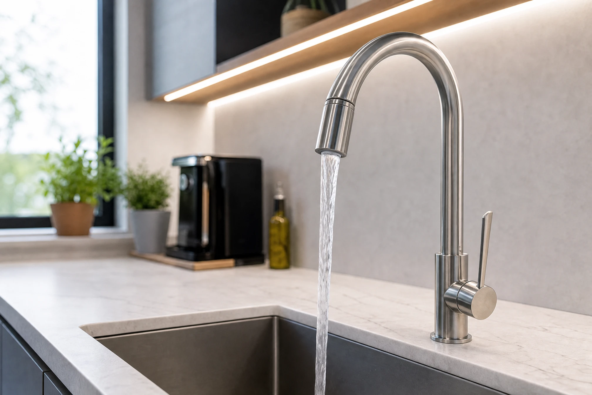 Intérieur carrelé blanc, main masculine manipulant un système de filtration d'eau