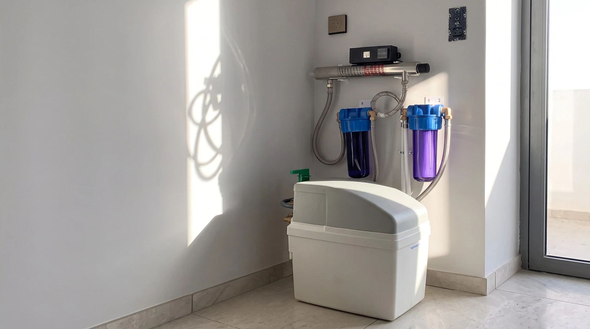 Main courante tenant un système de filtration d'eau domestique avec compteur volumétrique et cartouche filtrante