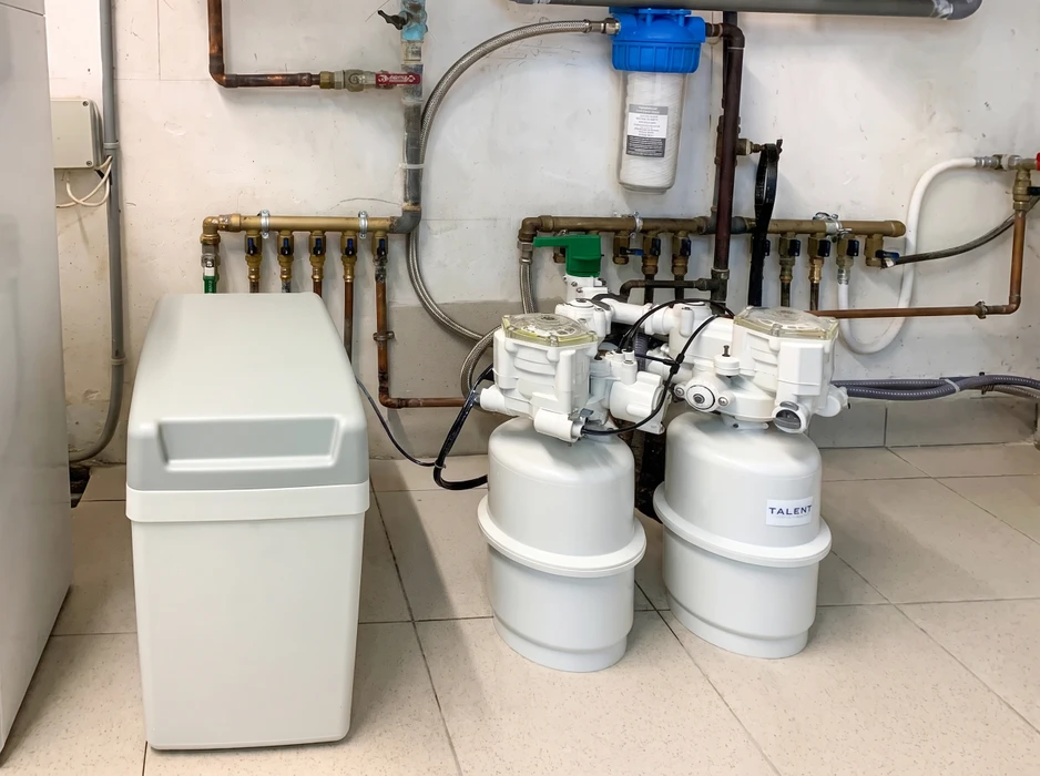 Intérieur résidentiel avec installation de plomberie sanitaire